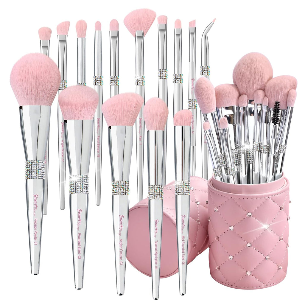 Bueart Design 15Pcs Labeled Makeup Brushes Set with Elegant Pink Holder