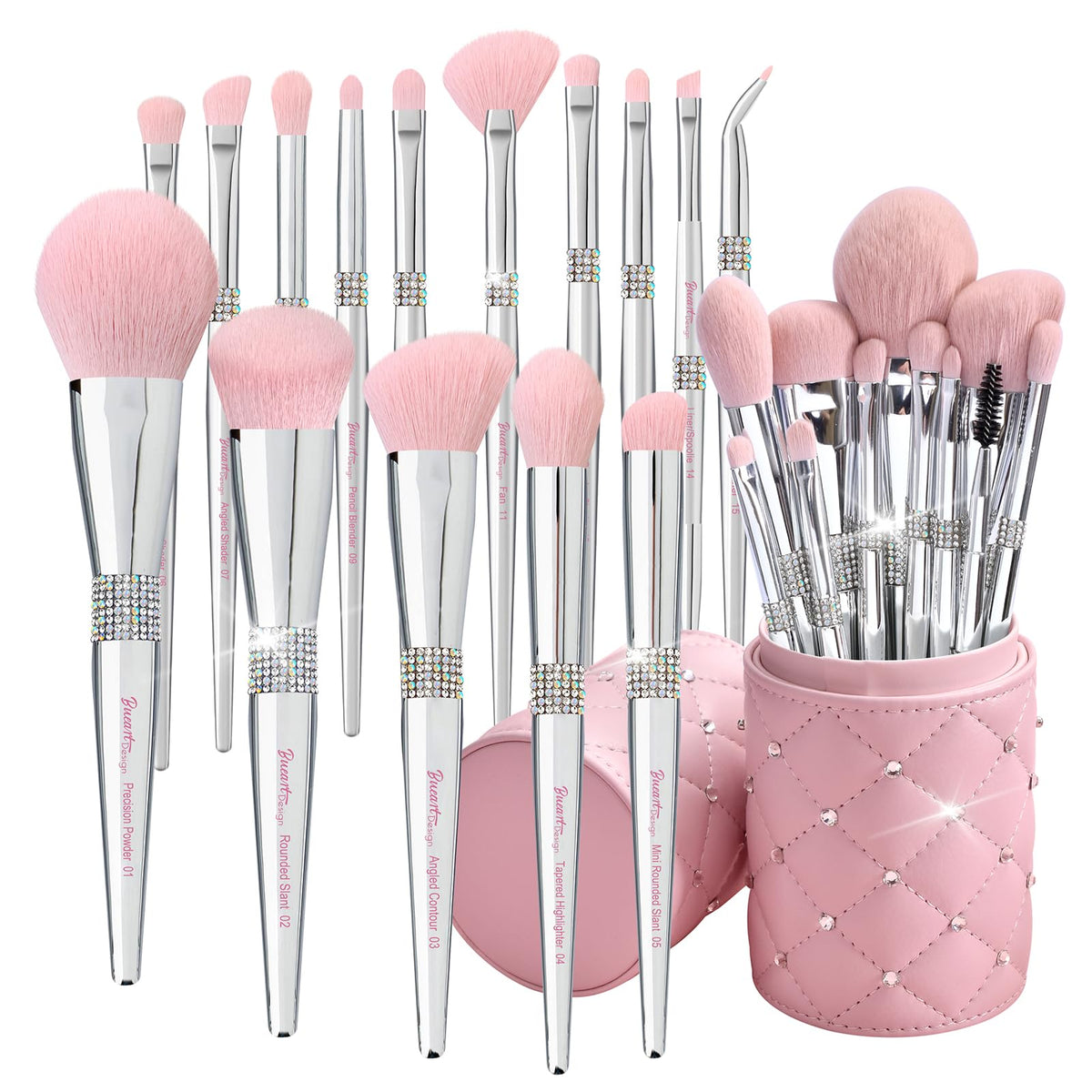 Bueart Design 15Pcs Labeled Makeup Brushes Set with Elegant Pink Holder