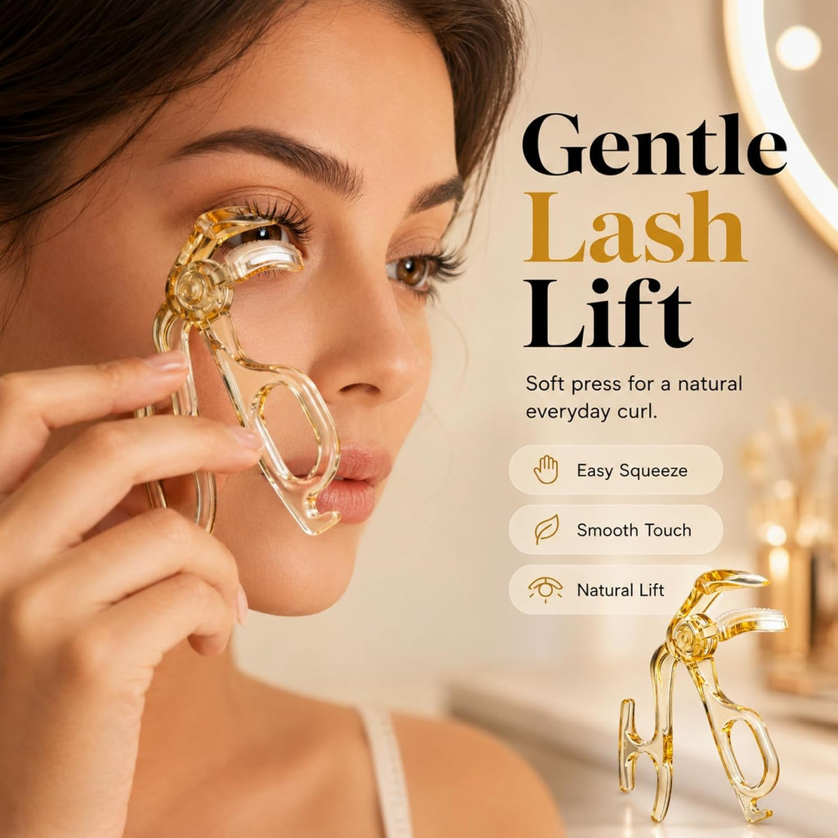 Frameless Eyelash Curler Lash with Toothed Comb, Eyelash Curlers for Natural Curl, Gentle Lash Lifting Tool, Enchinador (Yellow)