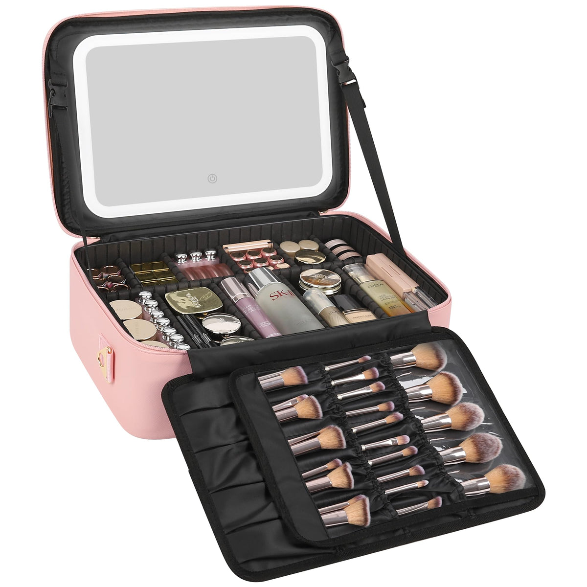 Relavel Travel Makeup Bag With LED Mirror Portable Travel Makeup Organizer 3 Color Adjustable Brightness Waterproof Cosmetic Train Case with Removable Dividers Makeup Storage for Women, Pink