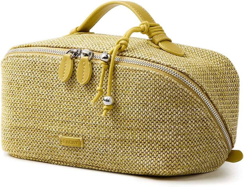 EACHY Makeup Bag, Woven Travel Toiletry Bag, Portable 180° Wide-Open Flat Cosmetic Bags for Women, Large Capacity Makeup Pouch with Divider and Handle