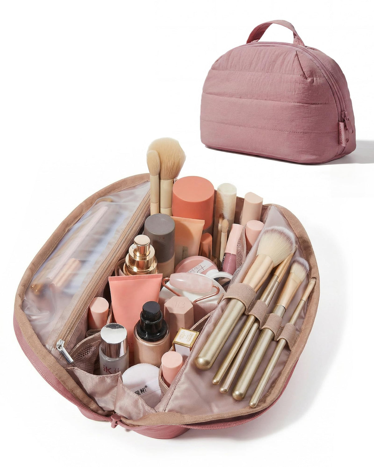 BAGSMART Travel Parallel Makeup Bag, Fold-Down Cosmetic Pouch for Women