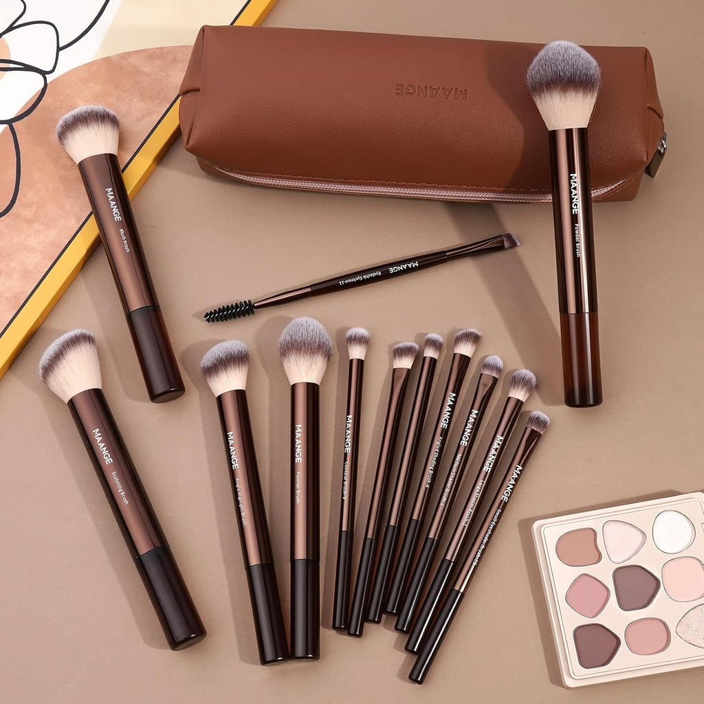 MAANGE 13 PCS Makeup Brushes Professional Make Up Brushes Premium Synthetic Powder Concealers Brushes Travel Makeup Brush Set with Case (Coffee)