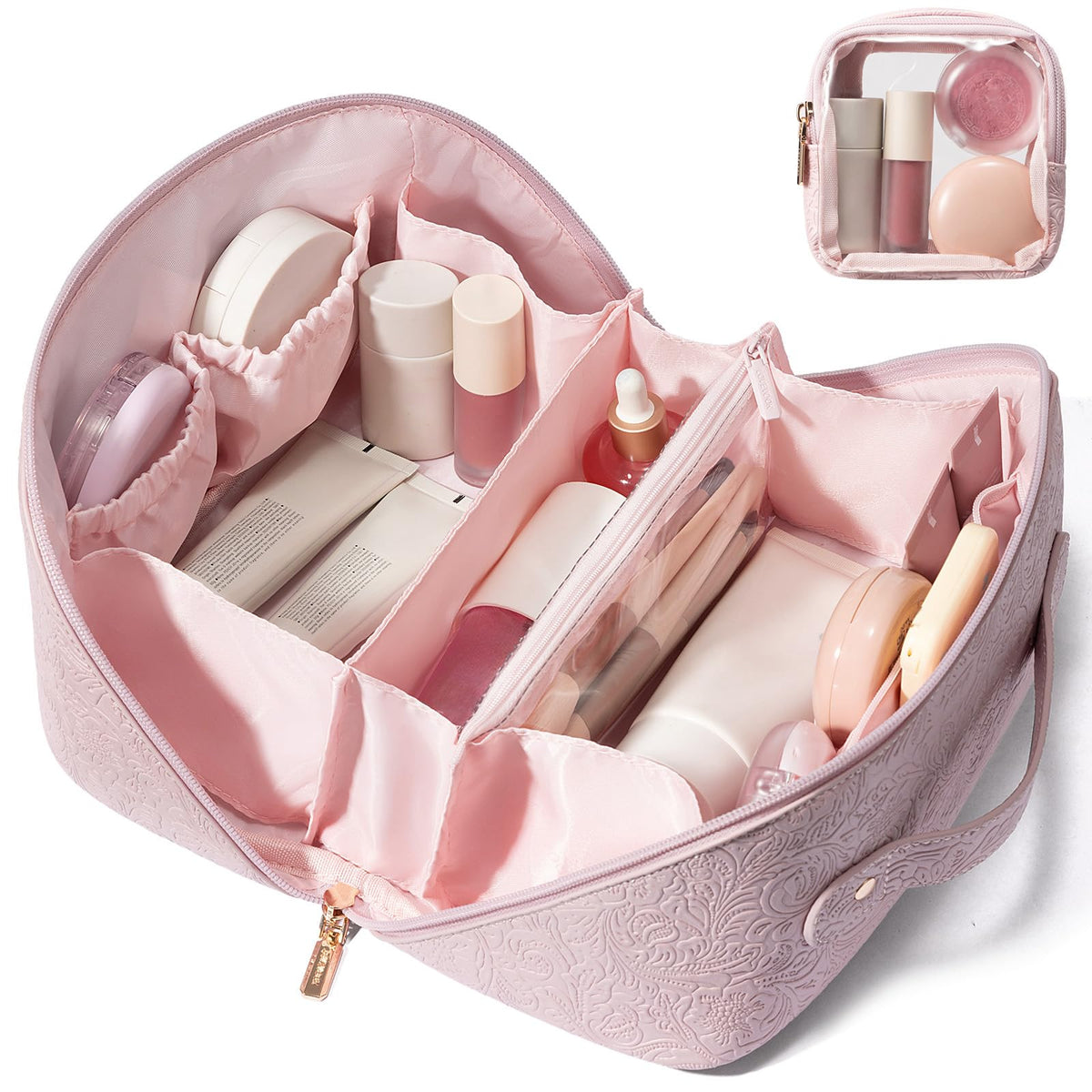 LOVEVOOK Travel Makeup Bag for Women, 2Pcs Large Capacity Cosmetic Organizer Bag, Waterproof PU Leather, Flat Open Portable Small Toiletry Pouch for Skincare, Brushes