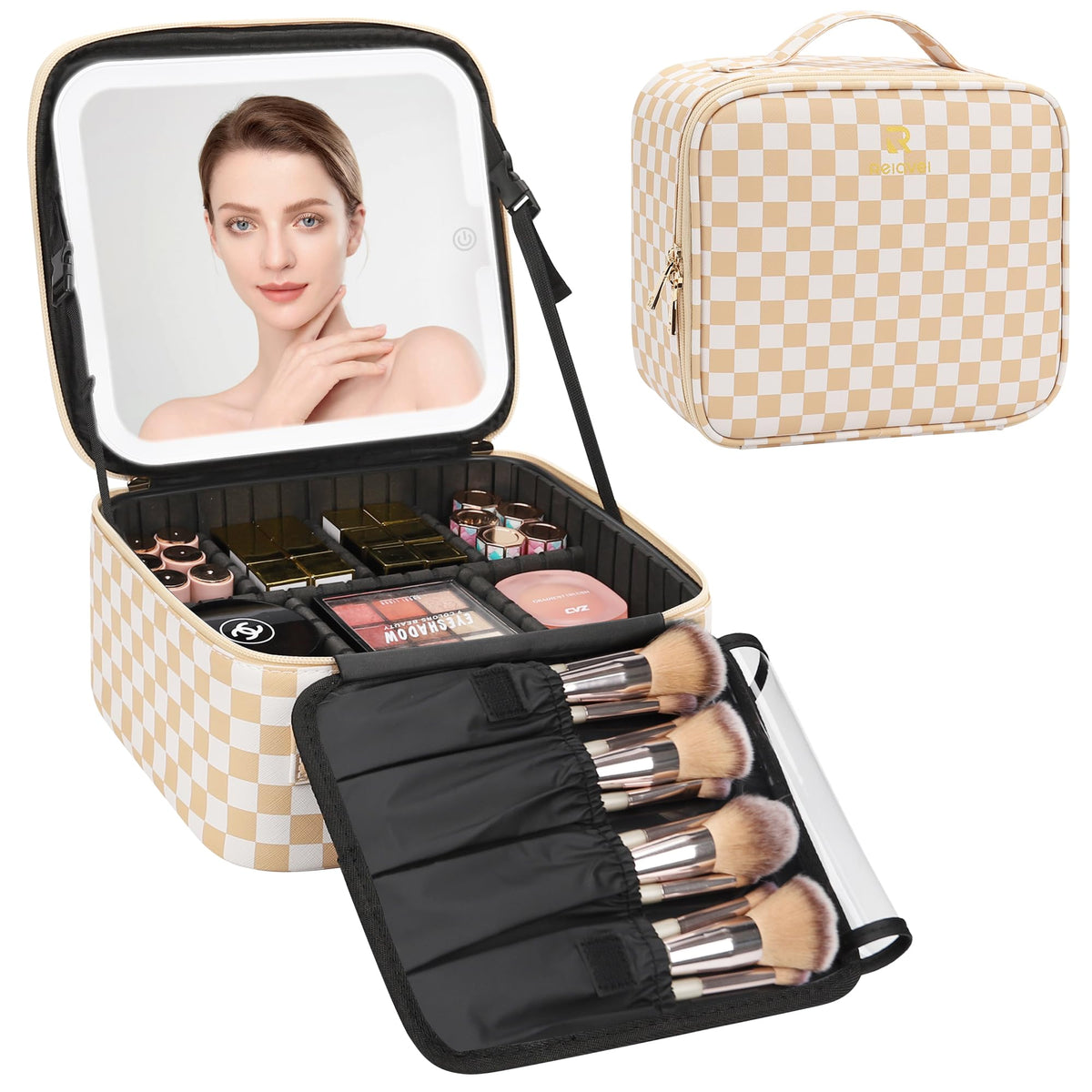 Relavel Travel Makeup Bag With LED Mirror Portable Travel Makeup Organizer 3 Color Adjustable Brightness Waterproof Cosmetic Train Case with Removable Dividers Makeup Storage for Women, Pink