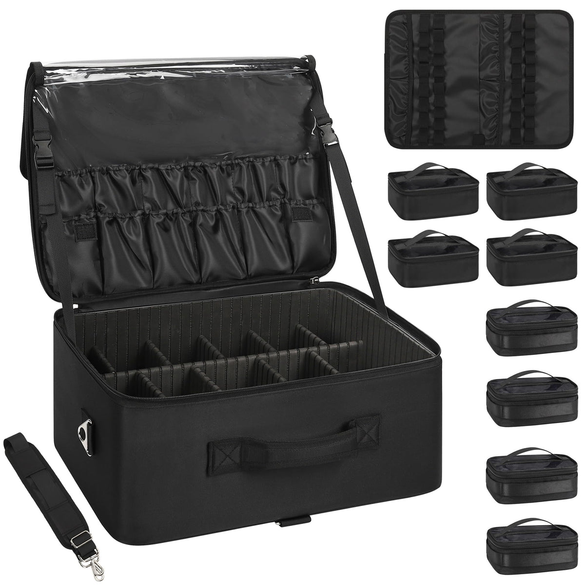 Relavel Extra Large Makeup Case Professional Cosmetic Storage Organizer Box Brush Holder with 4 Clear Set Bags & Lipstick Plate for Makeup Artists with Shoulder Strap & Adjustable Dividers
