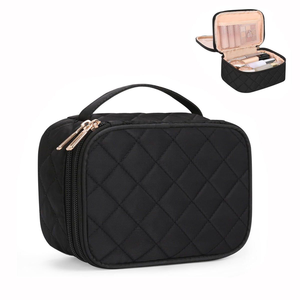 Relavel Travel Makeup Bag, Small Floral Cosmetic Bag with Makeup Brush Compartment, Portable Makeup Pouch for Women, Double Layer Makeup Organizer Bag Cute Toiletry Bag