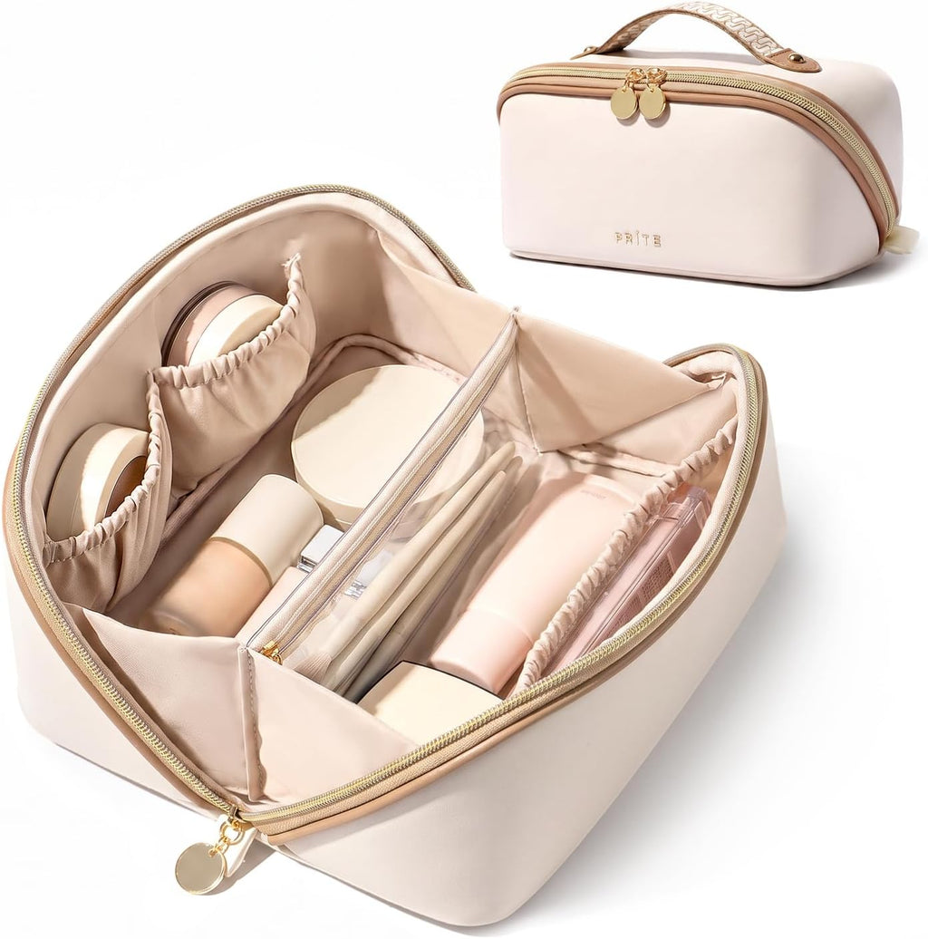 Prite Makeup Bag Travel Toiletry Bag Open Flat Cosmetic Organizer for Women