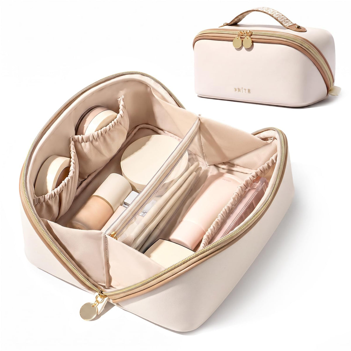 Prite Makeup Bag Travel Toiletry Bag Open Flat Cosmetic Organizer for Women