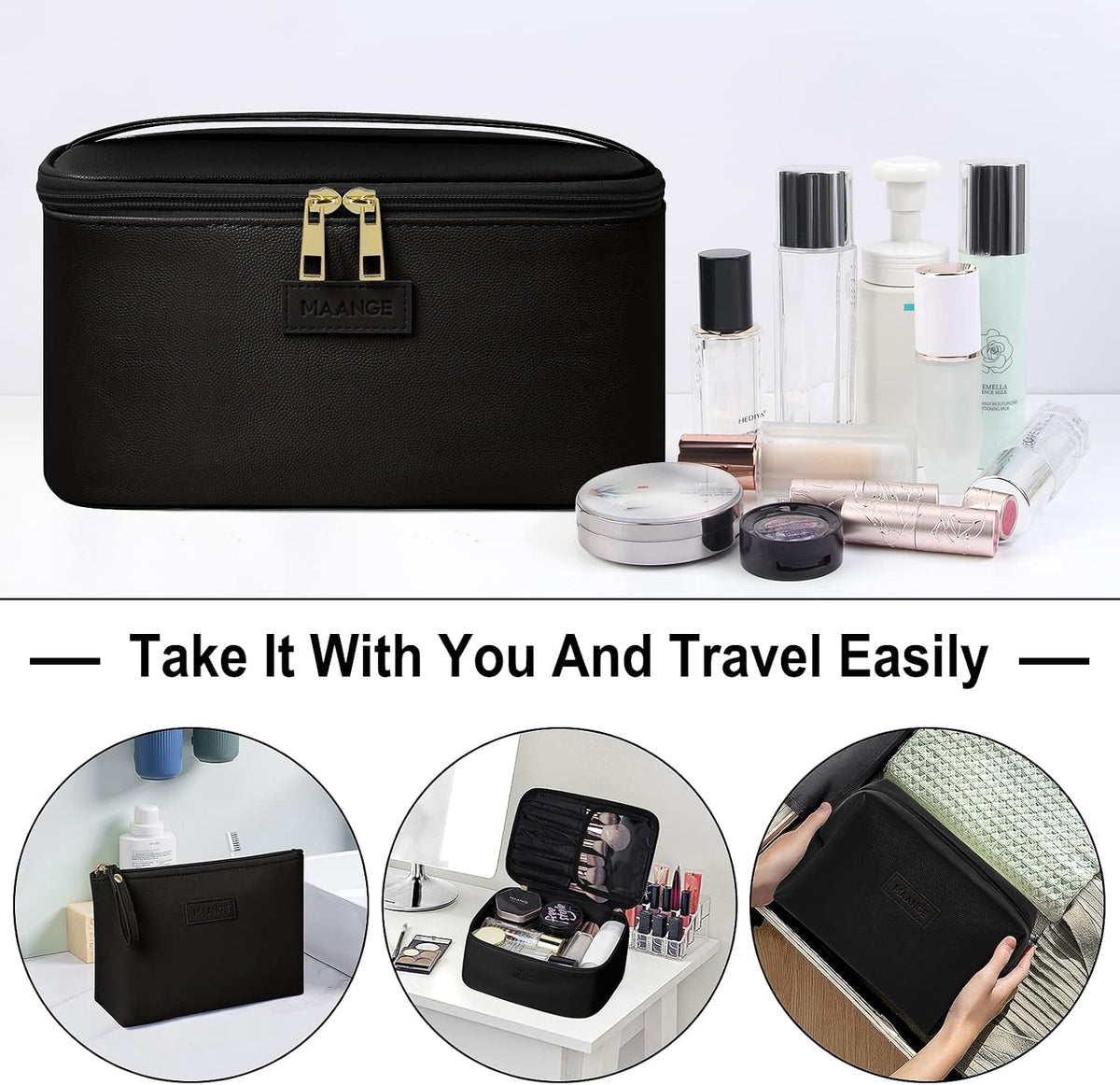 MAANGE Makeup Bag - Large Cosmetic Bag with 2pcs Small Makeup Bags Portable Leather Travel Makeup Bag Set Toiletry Bag Make Up Bags for Women and Girls (Black)