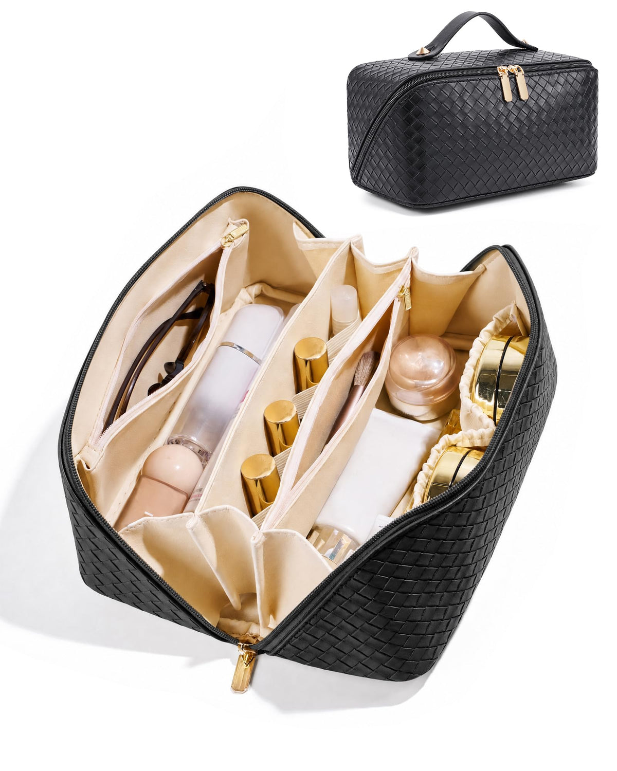 ALEXTINA Travel Makeup Bag, Checkered PU Leather Cosmetic Bag, Black
