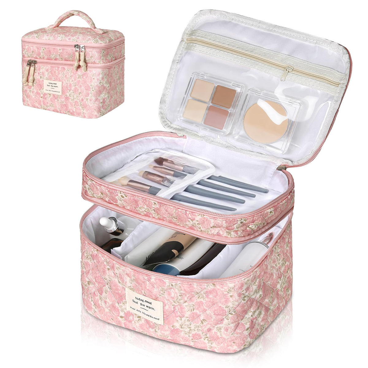 Gosect Makeup Bag, Large Quilted Cosmetic Bag, Big Floral Make Up Bag for Women Girls, Cute Cotton Makeup Bag Set, Flower Travel Toiletry Organizer Bag (Blue Flower)