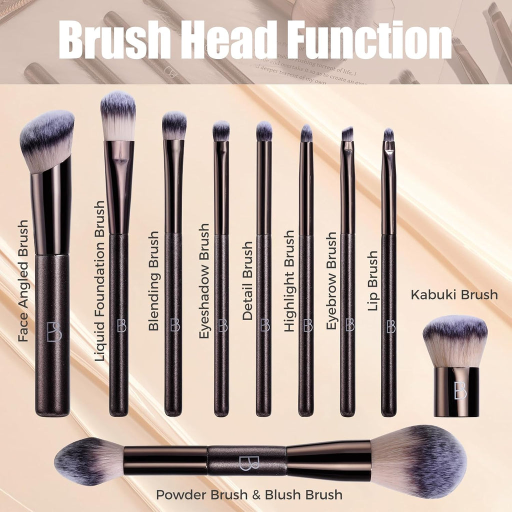 Travel Makeup Brush Set BS-MALL Ultra-Soft Synthetic Bristles Eyeshadow Brush, Foundation Brush for Liquid Makeup, Double-ended Travel Bag & Triangle Puff - Travel-friendly Multi-purpose Kit 10 Pcs