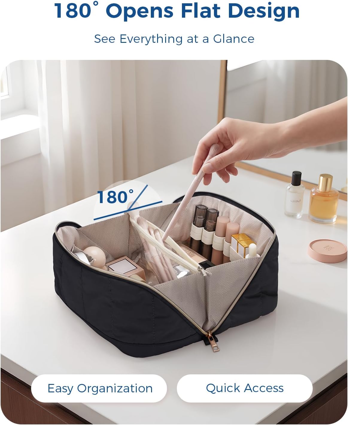 Makeup Bag for Women, Open Flat Puffy Organizer with Wipe-Clean PVC Lining