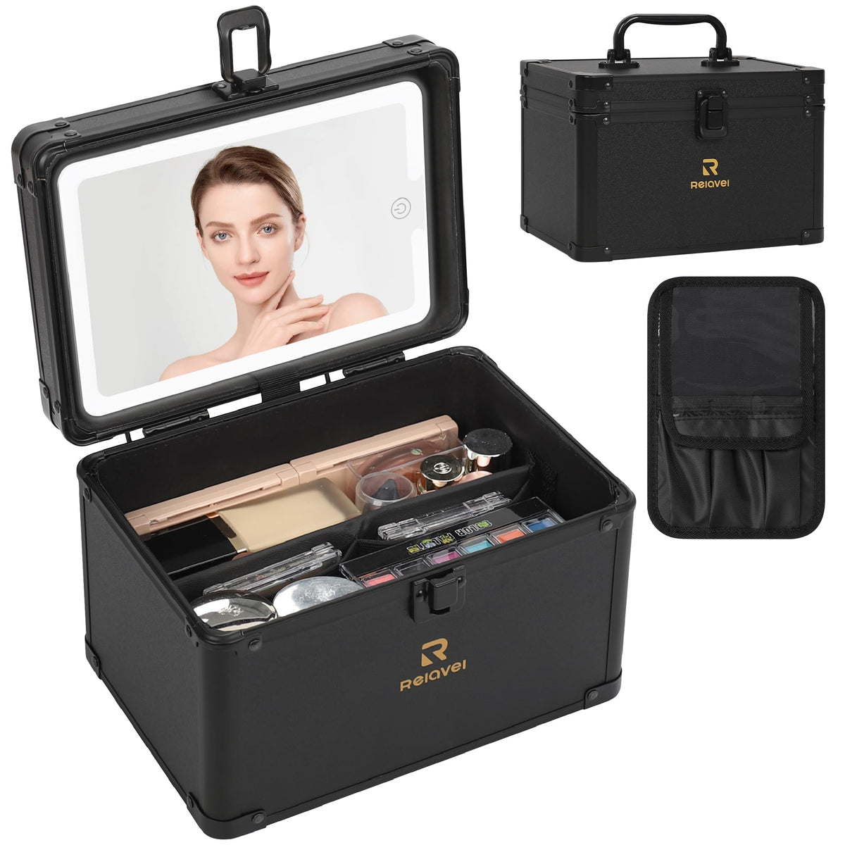 Relavel Travel Makeup Bag With LED Mirror Portable Travel Makeup Organizer 3 Color Adjustable Brightness Waterproof Cosmetic Train Case with Removable Dividers Makeup Storage for Women, Pink