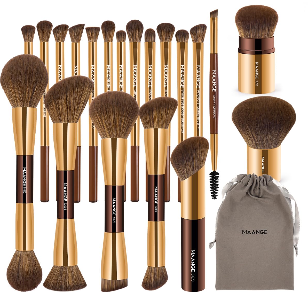 MAANGE 20 PCS Foundation Makeup Brush Set, Double-ended Kabuki Contour Brush for Liquid Powder Concealer Blending Blush Face Makeup Tools with Gift Box (Coffee)