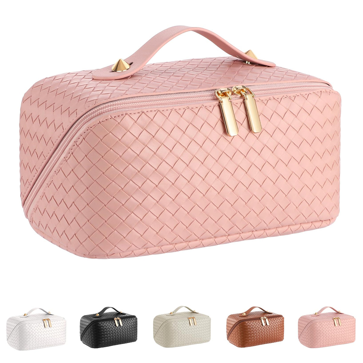 ALEXTINA Travel Makeup Bag, Checkered PU Leather Cosmetic Bag, Black