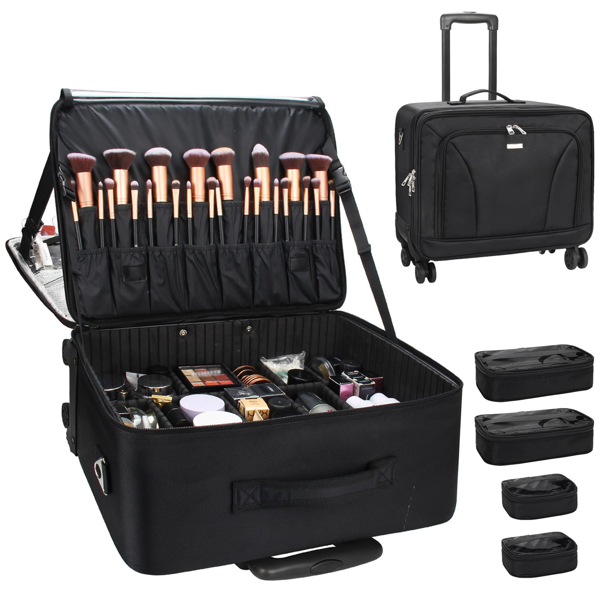 Relavel Extra Large Makeup Case Professional Cosmetic Storage Organizer Box Brush Holder with 4 Clear Set Bags & Lipstick Plate for Makeup Artists with Shoulder Strap & Adjustable Dividers