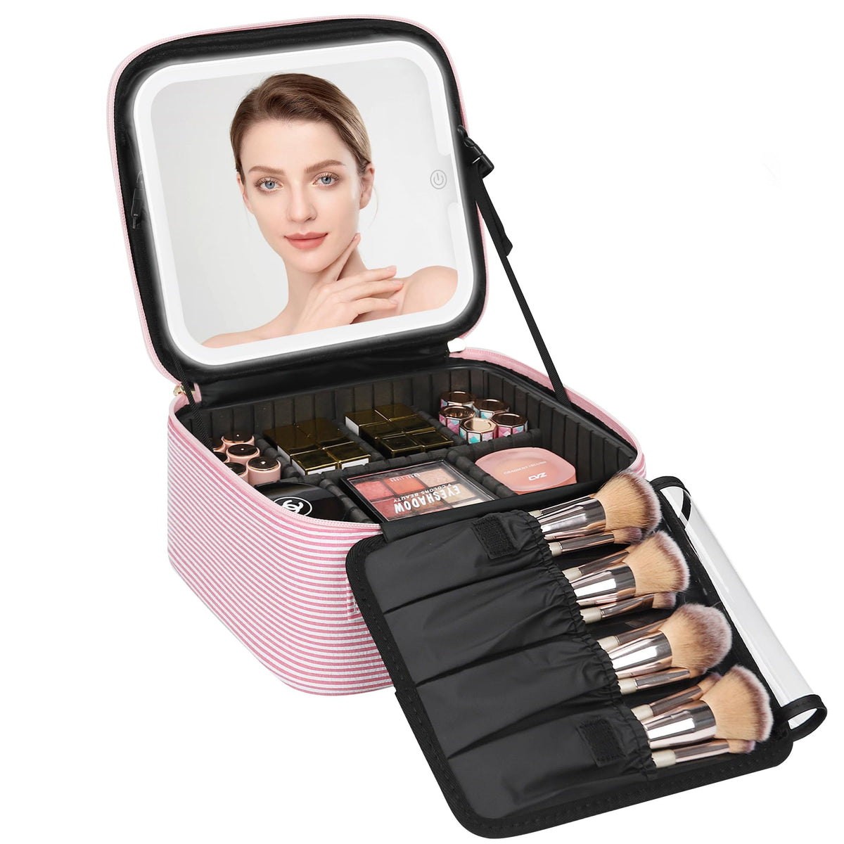 Relavel Travel Makeup Bag With LED Mirror Portable Travel Makeup Organizer 3 Color Adjustable Brightness Waterproof Cosmetic Train Case with Removable Dividers Makeup Storage for Women, Pink