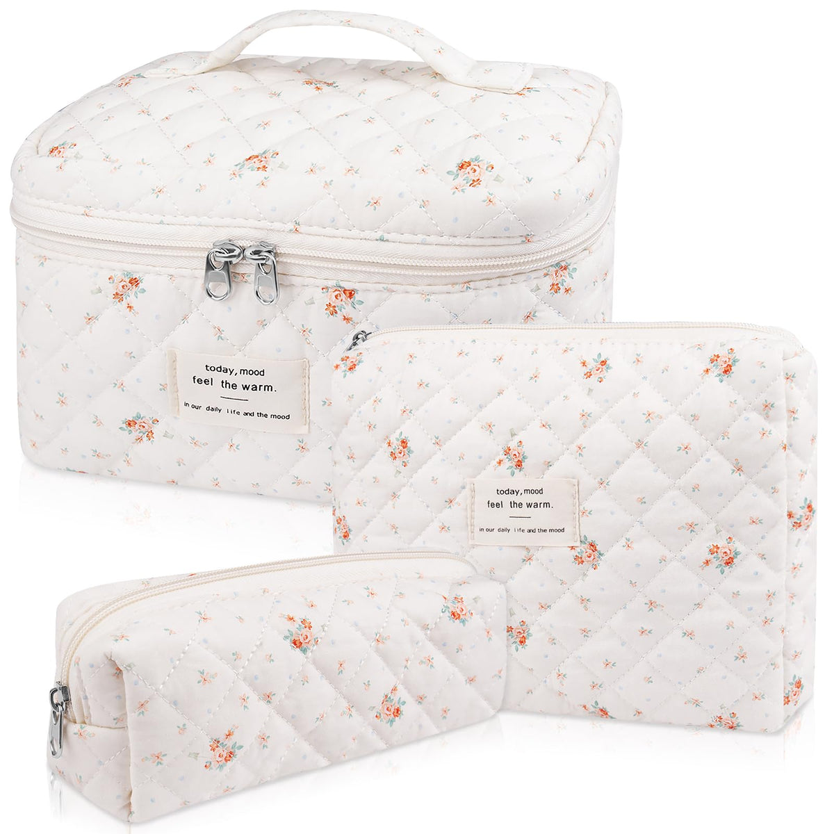 Gosect Makeup Bag, Large Quilted Cosmetic Bag, Big Floral Make Up Bag for Women Girls, Cute Cotton Makeup Bag Set, Flower Travel Toiletry Organizer Bag (Blue Flower)