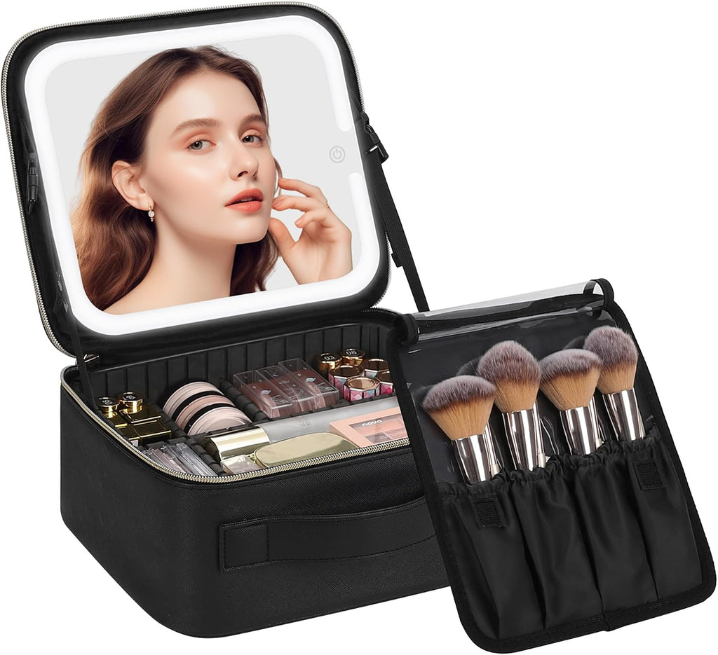 Chomeiu Makeup Bag with LED Mirror, Cosmetic Travel Bag for Women, Black