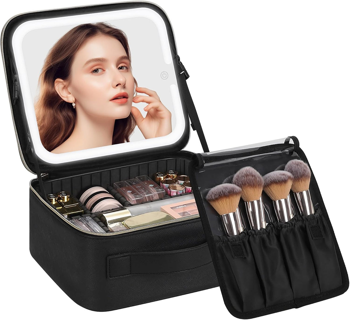 Chomeiu Makeup Bag with LED Mirror, Cosmetic Travel Bag for Women, Black