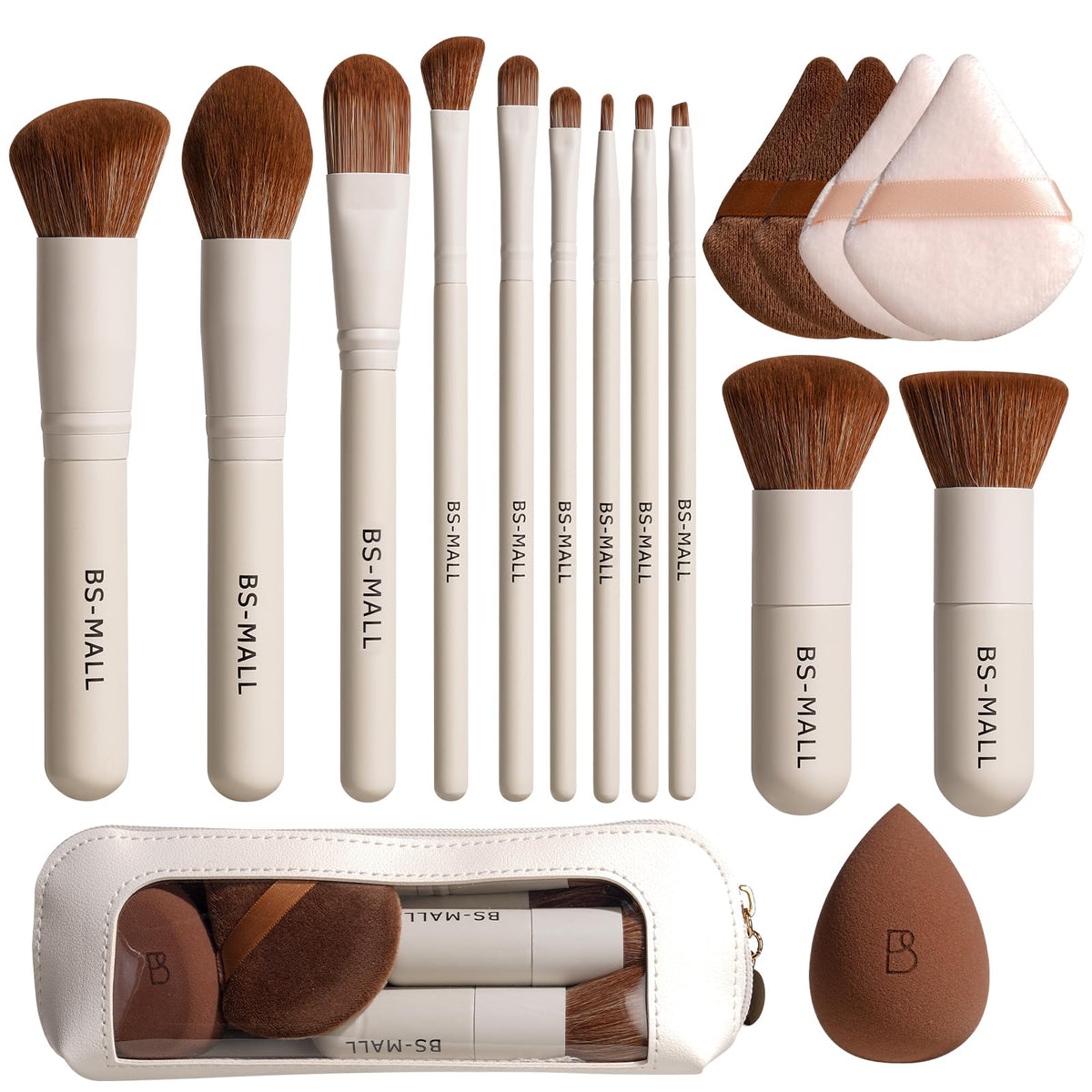 BS-MALL Makeup Brush Set 11Pcs Bamboo Synthetic Kabuki Brush Set Foundation Powder Blending Concealer Eye shadows Blush Cosmetics Brushes with Organizer Bag & Makeup Sponge (Beige)