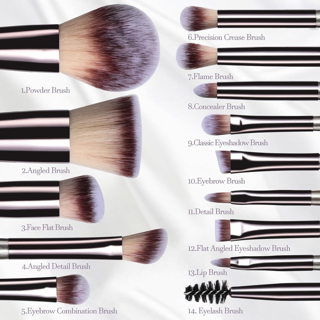 Travel Makeup Brush Set with Case & Sponge for Foundation Powder Blush 14
