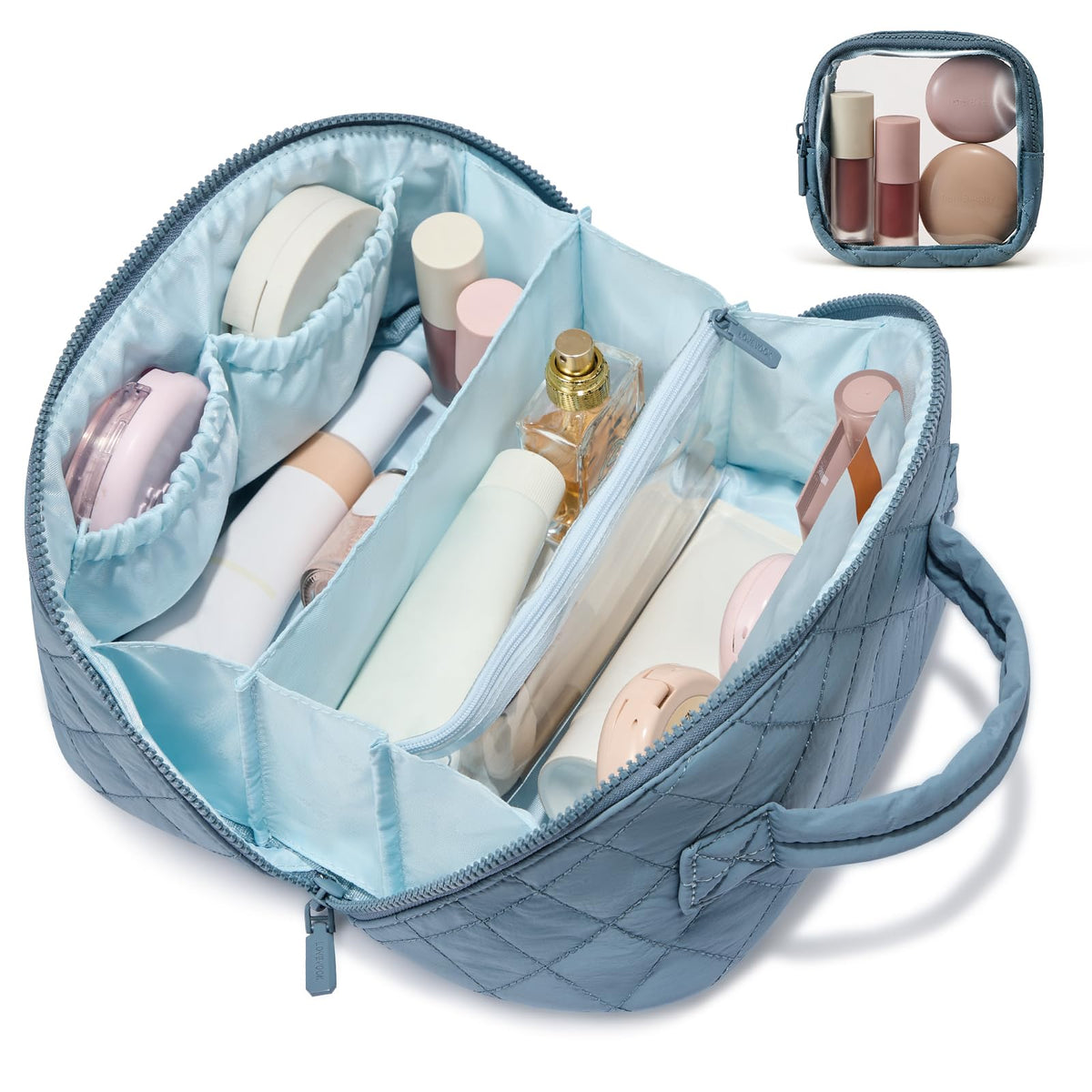 LOVEVOOK Travel Makeup Bag for Women, 2Pcs Puffer Waterproof Cosmetic Organizer, Large Capacity Pouch Open Flat Small Toiletry Bag with Brush Compartment & Handle (Pink, Medium)