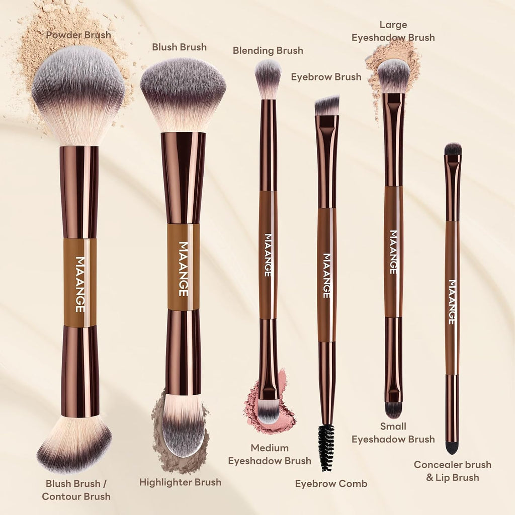 MAANGE 6 Pcs Makeup Brush Set Travel Double-Ended Makeup Brushes for Foundation Powder Concealer Blush Blending Eyeshadow Brushes-Coffee