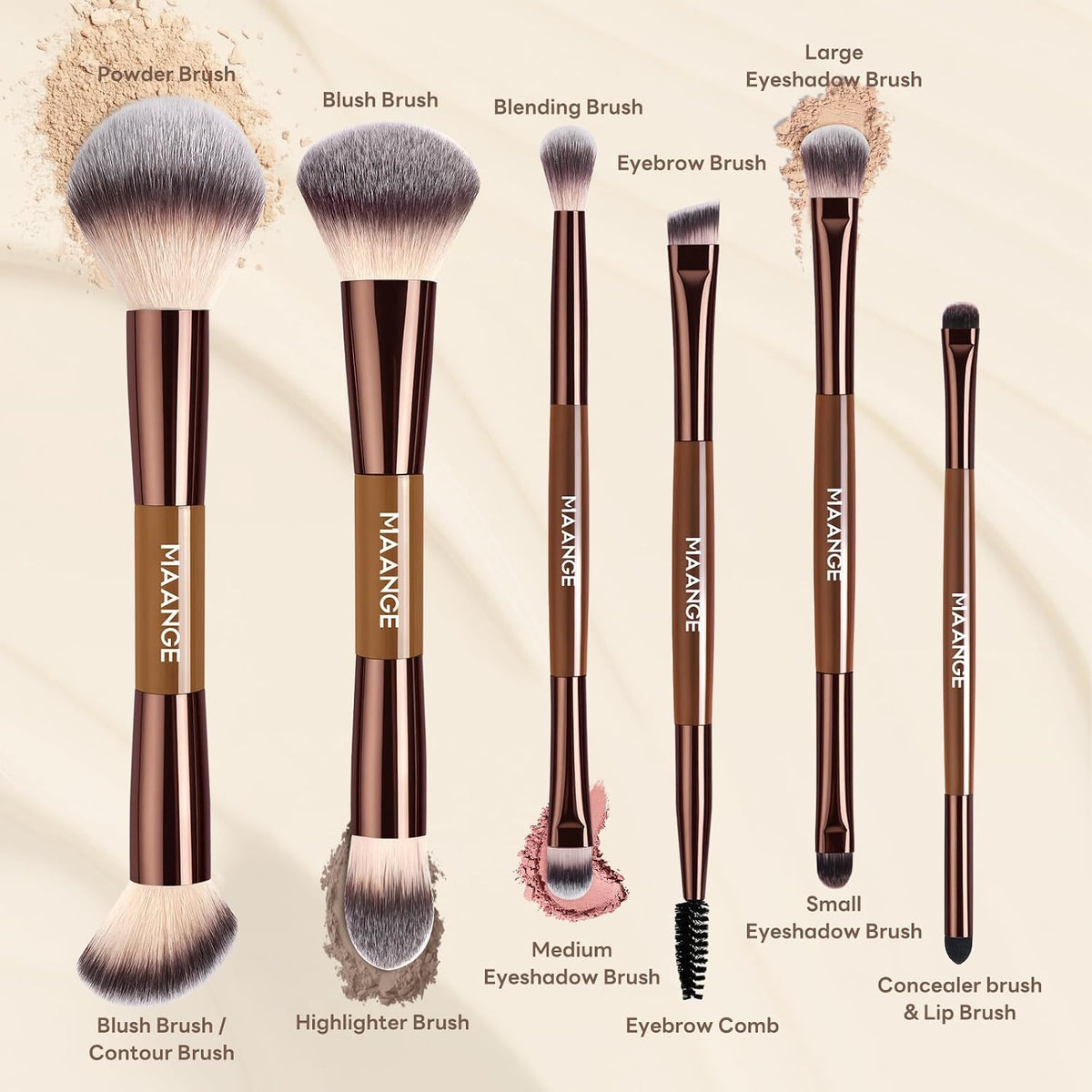 MAANGE 6 Pcs Makeup Brush Set Travel Double-Ended Makeup Brushes for Foundation Powder Concealer Blush Blending Eyeshadow Brushes-Coffee