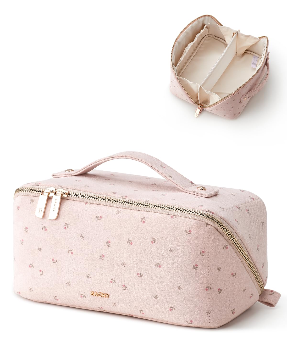EACHY Travel Makeup Bag, Floral Cosmetic Bag for Women, Beige, Medium
