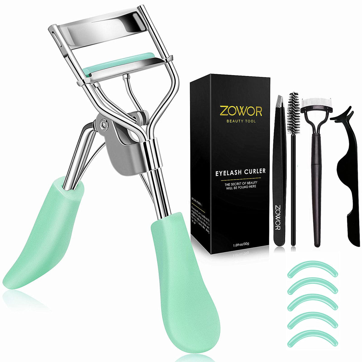 Eyelash Curler with Comb and Brush Fit All Eye Shape Curved Eyelash Curlers with 6PCS Silicone Refill Pad,Natural and Long Lasting Lash Curler for Women Make Up Gift(Blue)