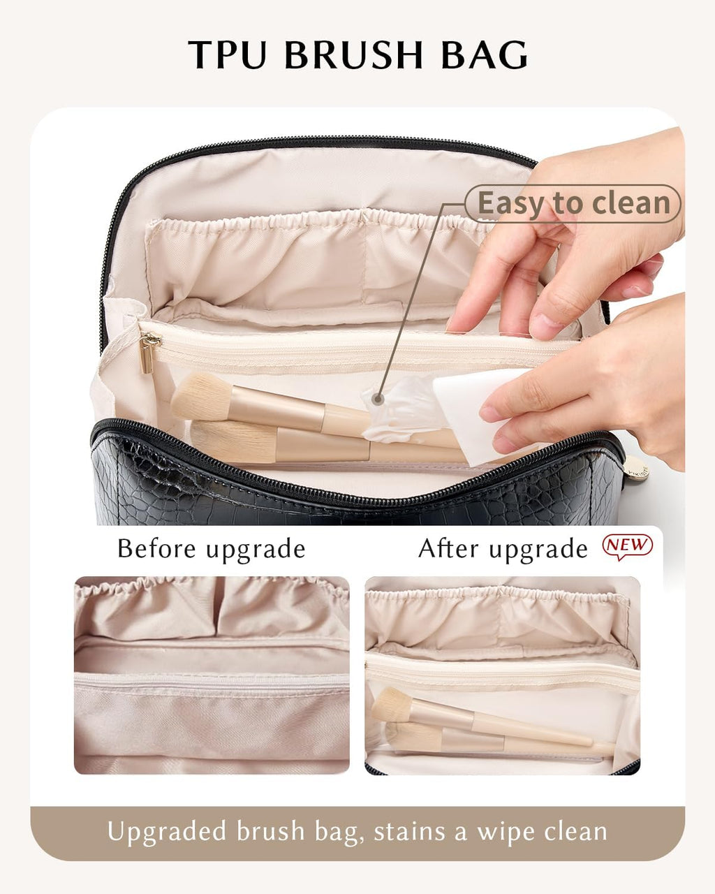Make Up Bag, Cosmetic Organizer for Women, Waterproof Croc PU Leather Makeup Organizer with Divider and Handle Toiletry Bag Travel Bag (Croc Embossed, Black)