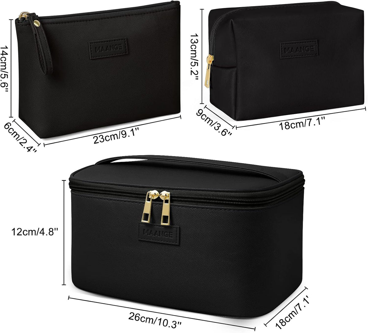 MAANGE Makeup Bag - Large Cosmetic Bag with 2pcs Small Makeup Bags Portable Leather Travel Makeup Bag Set Toiletry Bag Make Up Bags for Women and Girls (Black)