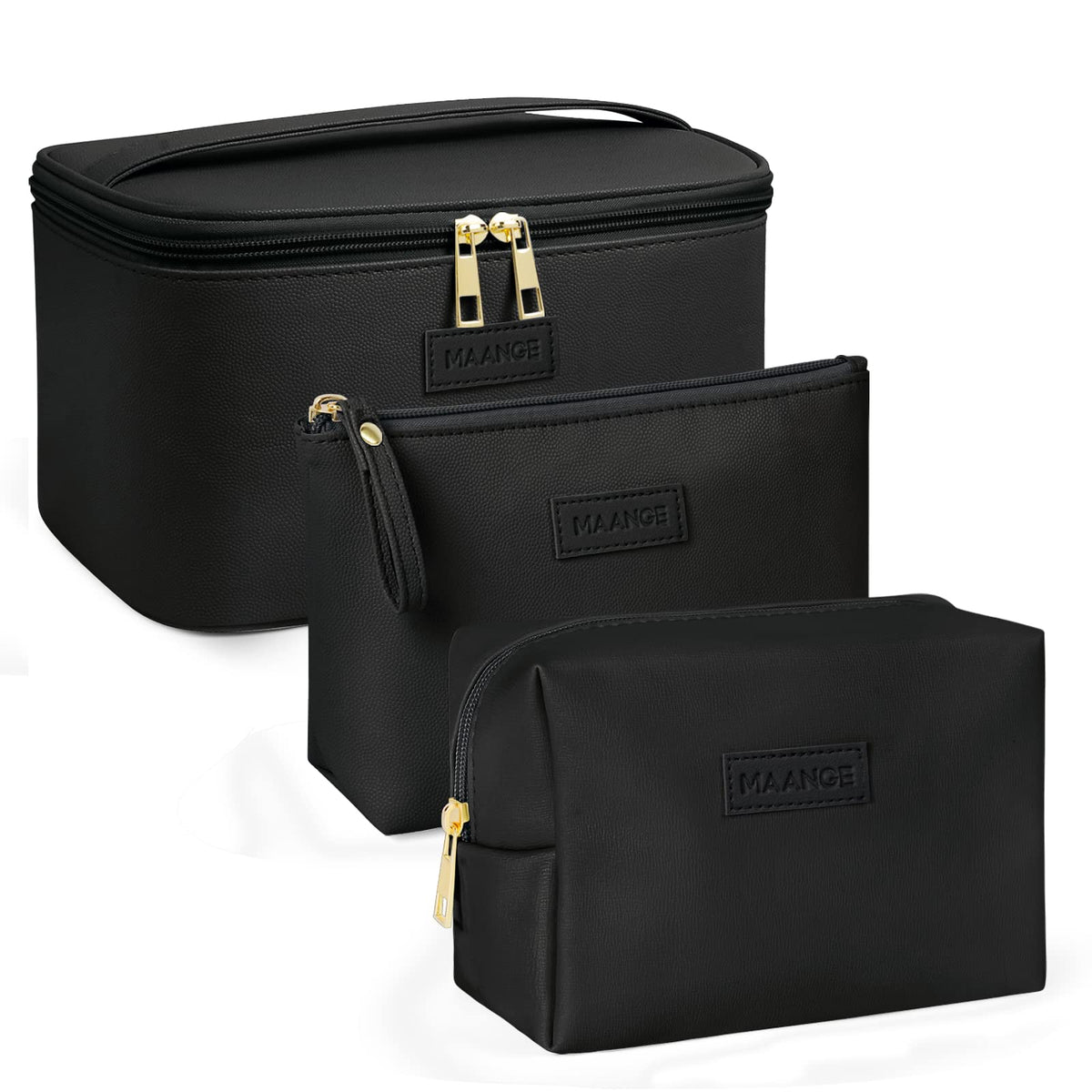 MAANGE Makeup Bag - Large Cosmetic Bag with 2pcs Small Makeup Bags Portable Leather Travel Makeup Bag Set Toiletry Bag Make Up Bags for Women and Girls (Black)