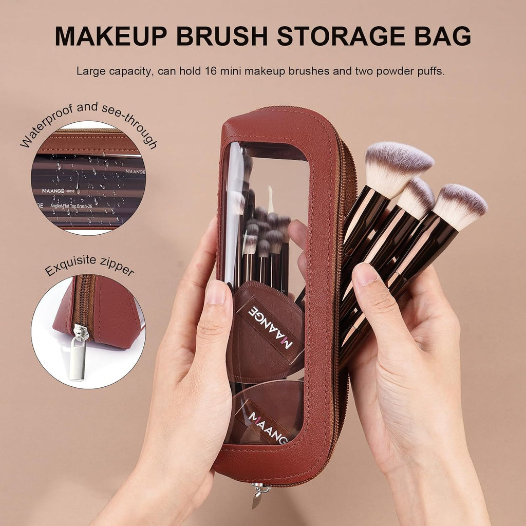 MAANGE Makeup Brush Set 19 PCS Travel Makeup Brushes Eyeshaowder Powder Concealers Foundation Professional Make Up Brush Set with Case (Coffee)