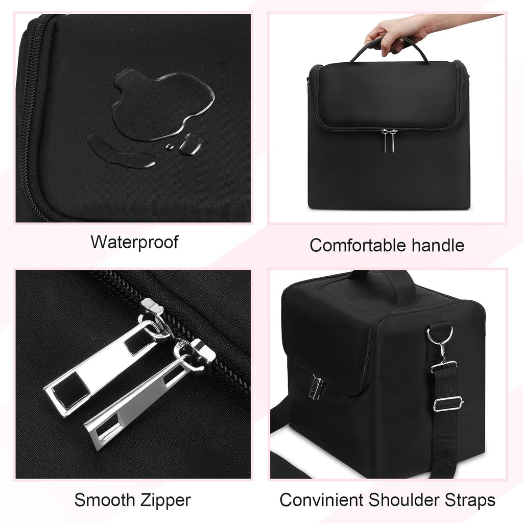 Large Makeup Carrying Train Case for Women, 4 Tier Travel Bag Box, Black