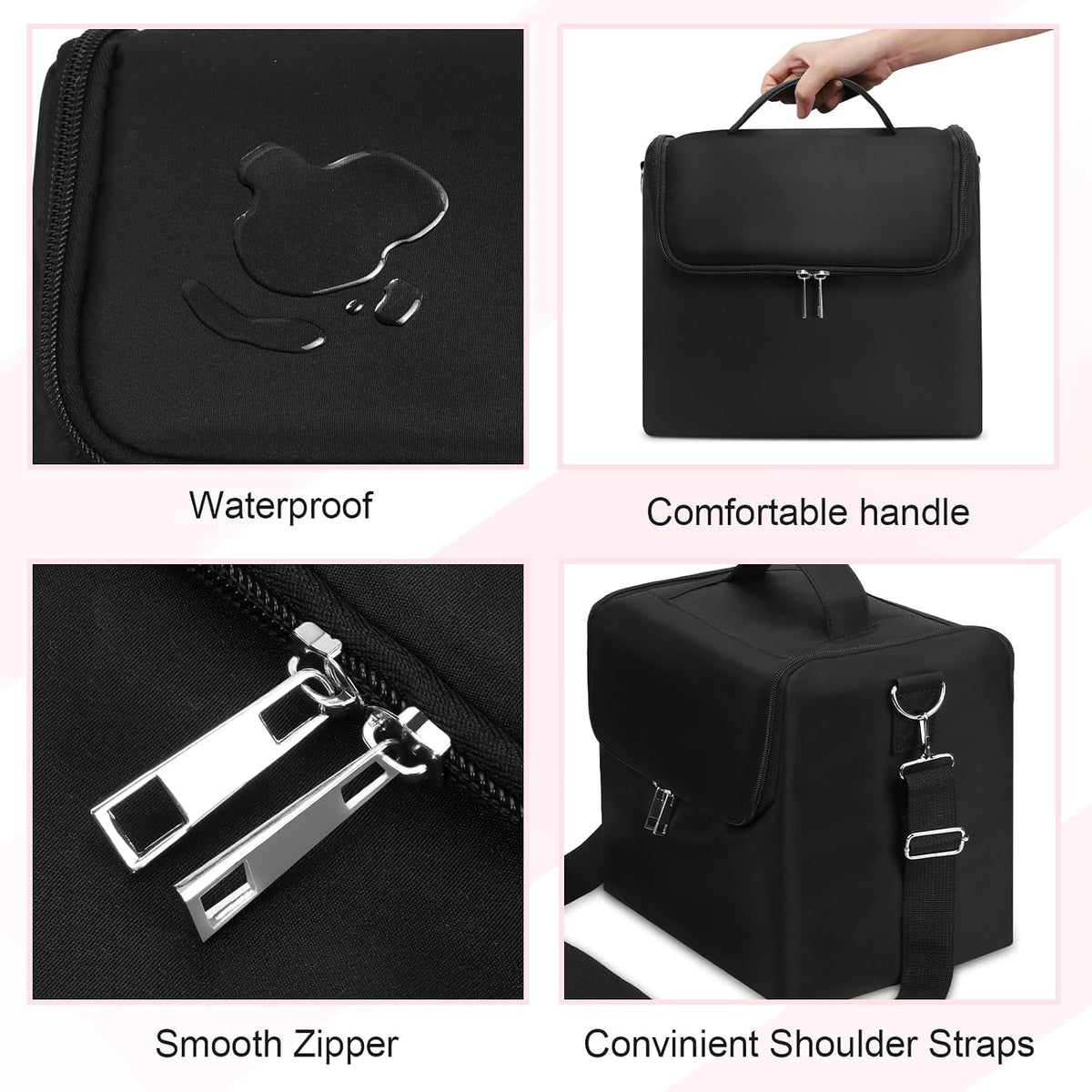 Large Makeup Carrying Train Case for Women, 4 Tier Travel Bag Box, Black