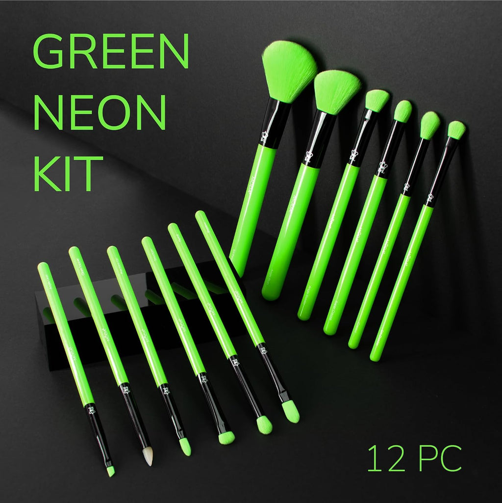 MODA Neon Green Makeup Brush Set, 12pc Colorful Face & Eye Brushes, Vegan