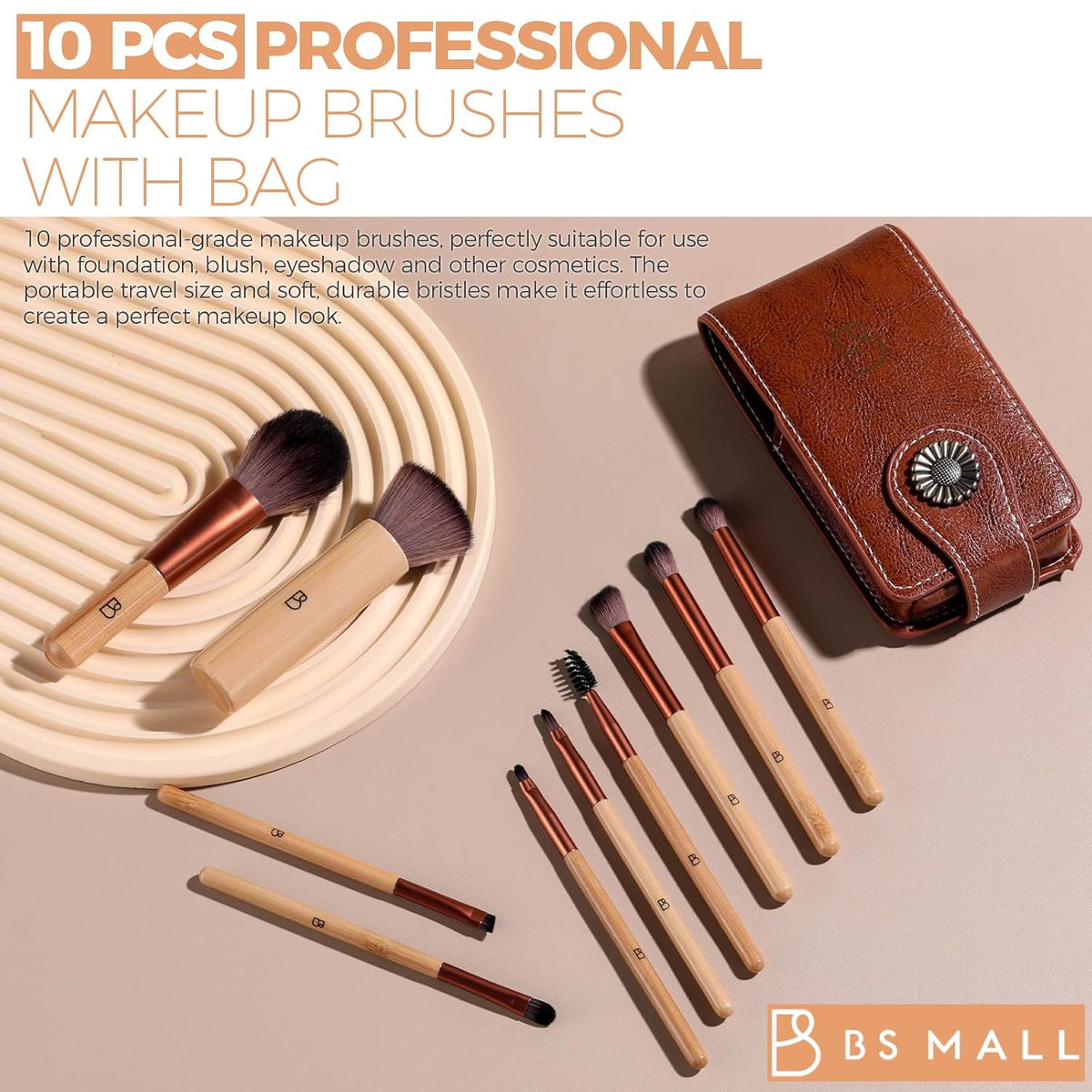 Travel Makeup Brush Set BS-MALL 10 Pcs Professional Bamboo - -friendly Eyeshadow Brush, Concealer Brush & Foundation Brush For Liquid Makeup - Lightweight Multi-purpose Daily Use With Makeup Bag