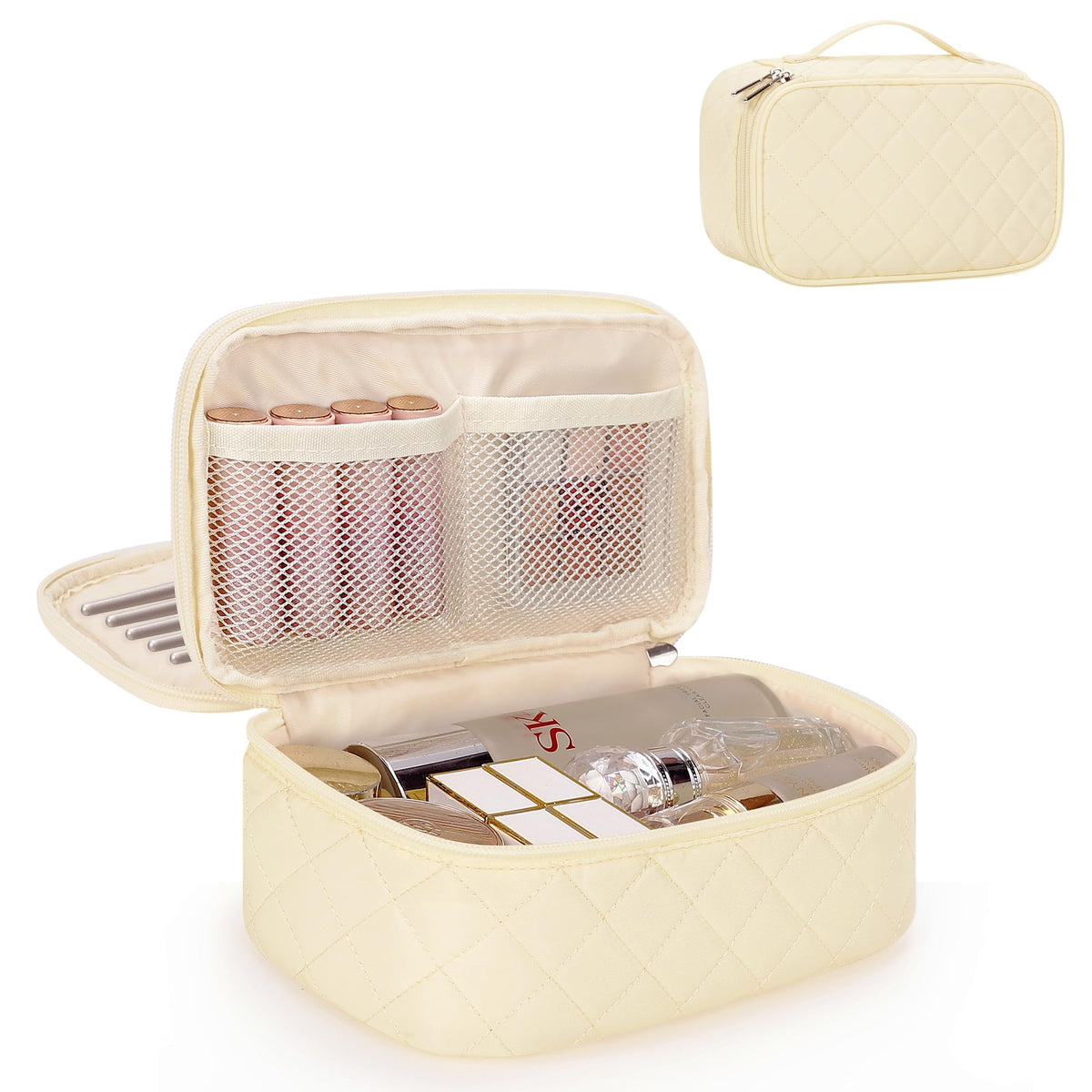 Relavel Travel Makeup Bag, Small Floral Cosmetic Bag with Makeup Brush Compartment, Portable Makeup Pouch for Women, Double Layer Makeup Organizer Bag Cute Toiletry Bag
