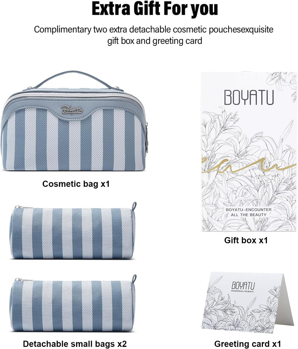 BOYATU Travel Makeup Bag for Women: 3 Pcs Set Striped Make up Bag,Blue