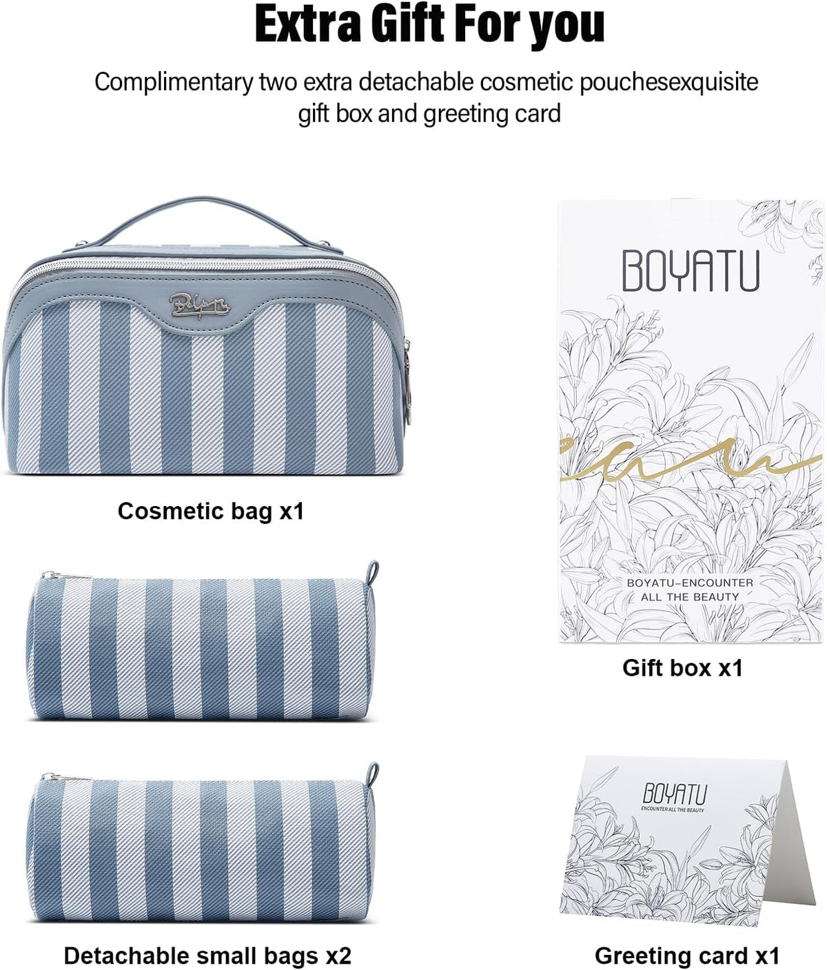 BOYATU Travel Makeup Bag for Women: 3 Pcs Set Striped Make up Bag,Blue
