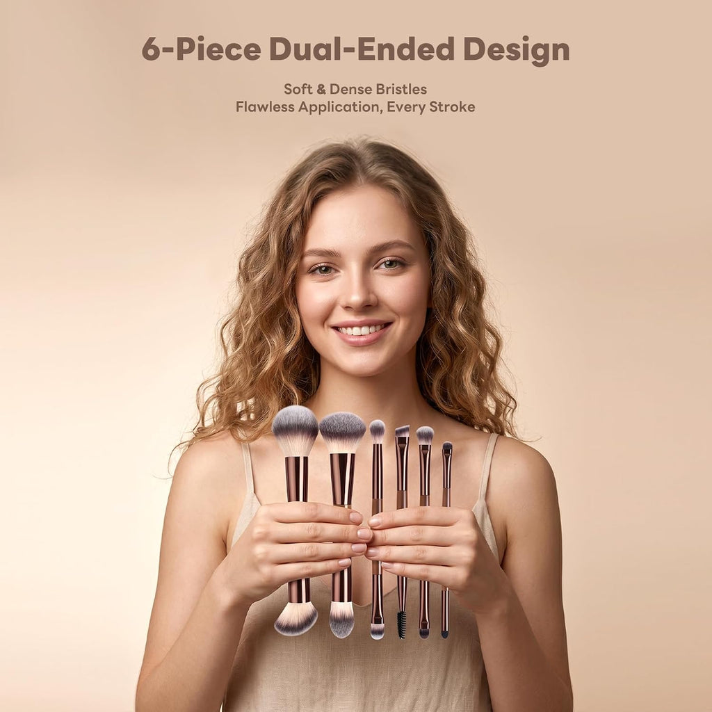 MAANGE 6 Pcs Makeup Brush Set Travel Double-Ended Makeup Brushes for Foundation Powder Concealer Blush Blending Eyeshadow Brushes-Coffee