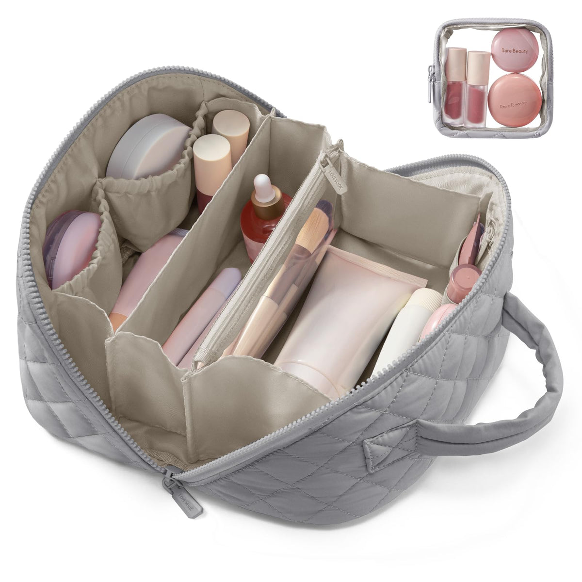 LOVEVOOK Travel Makeup Bag for Women, 2Pcs Puffer Waterproof Cosmetic Organizer, Large Capacity Pouch Open Flat Small Toiletry Bag with Brush Compartment & Handle (Pink, Medium)