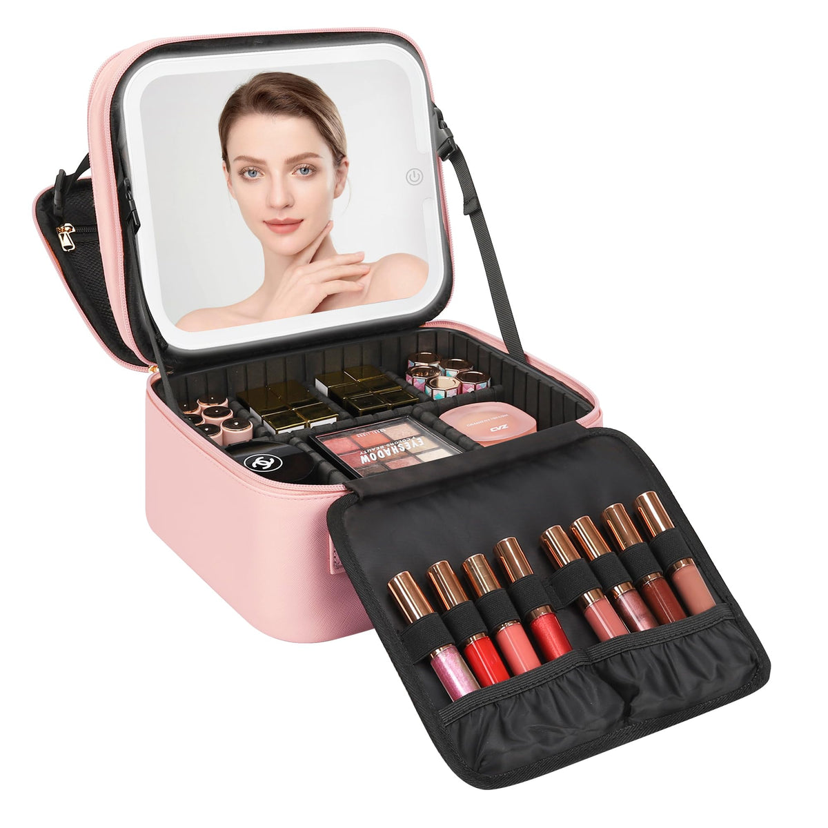 Relavel Travel Makeup Bag With LED Mirror Portable Travel Makeup Organizer 3 Color Adjustable Brightness Waterproof Cosmetic Train Case with Removable Dividers Makeup Storage for Women, Pink