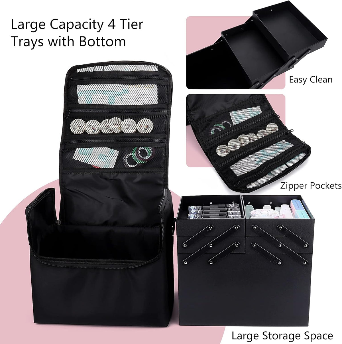 Large Makeup Carrying Train Case for Women, 4 Tier Travel Bag Box, Black