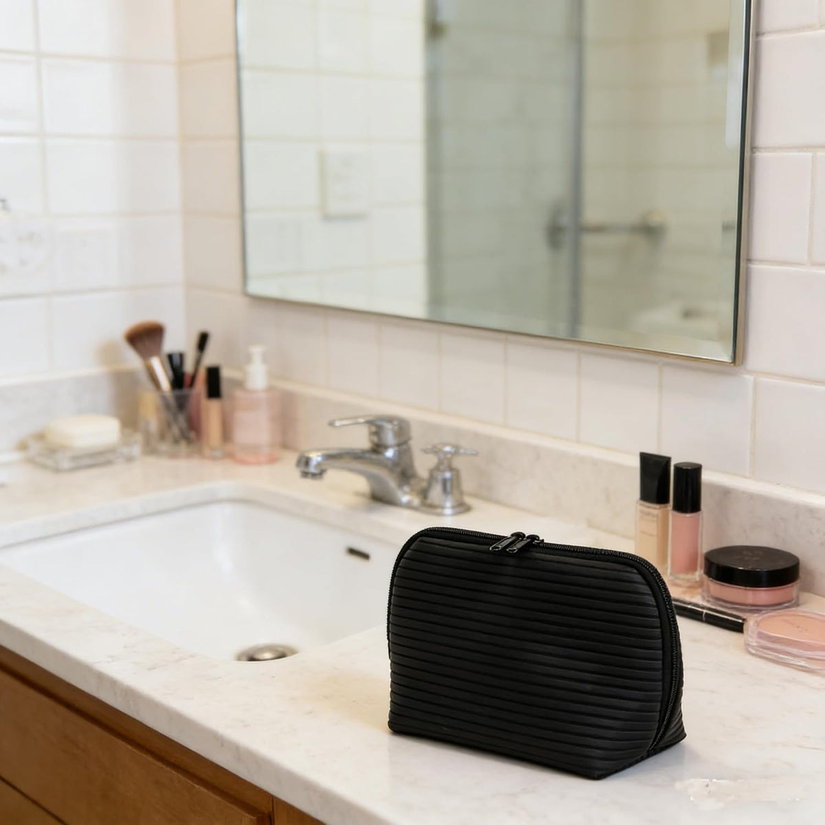 Travel Makeup Bag for Women, Waterproof Stand Up Cosmetic Bag with Brush Holders, Organizer Bag with Compartments, Fold-Down Design for Skincare, Toiletries & Essentials (Black, Medium)