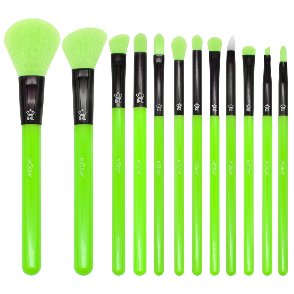 MODA Neon Green Makeup Brush Set, 12pc Colorful Face & Eye Brushes, Vegan